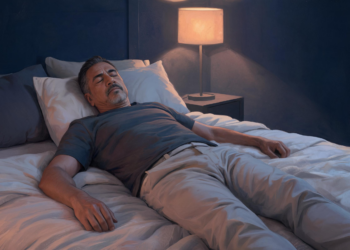 Un hombre adulto con los ojos cerrados acostado boca arriba en una cama, buscando conciliar el sueño en un dormitorio con iluminación tenue.