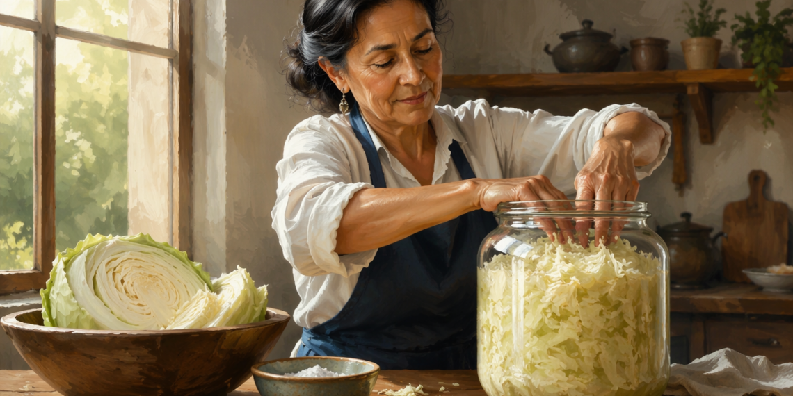 Una mujer madura con delantal azul presiona col picada dentro de un gran tarro de vidrio sobre una mesa de madera en una cocina rústica. A su lado hay un cuenco de madera con una col cortada a la mitad y un pequeño bol con sal.