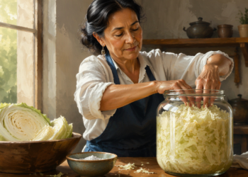 Una mujer madura con delantal azul presiona col picada dentro de un gran tarro de vidrio sobre una mesa de madera en una cocina rústica. A su lado hay un cuenco de madera con una col cortada a la mitad y un pequeño bol con sal.