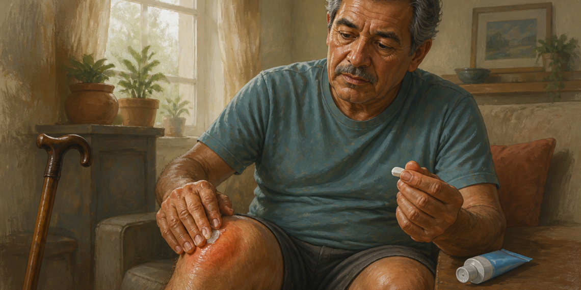 Hombre adulto aplicando un gel sobre una rodilla enrojecida mientras sostiene una pastilla en la otra mano, en una escena relacionada con el tratamiento del dolor y la inflamación.