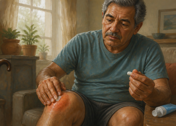 Hombre adulto aplicando un gel sobre una rodilla enrojecida mientras sostiene una pastilla en la otra mano, en una escena relacionada con el tratamiento del dolor y la inflamación.