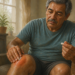 Hombre adulto aplicando un gel sobre una rodilla enrojecida mientras sostiene una pastilla en la otra mano, en una escena relacionada con el tratamiento del dolor y la inflamación.