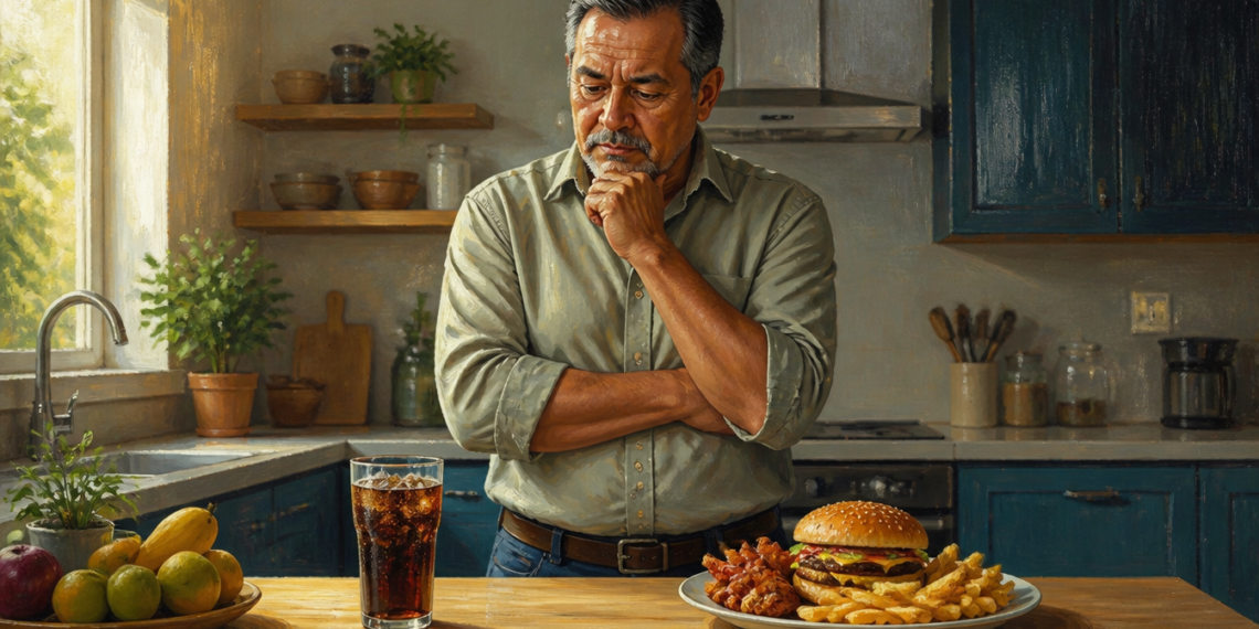 Un hombre maduro con expresión pensativa observa un vaso de refresco de cola con hielo y un plato con una hamburguesa y patatas fritas sobre una encimera de cocina. A un lado, se aprecia un plato con frutas frescas como manzana y limones.