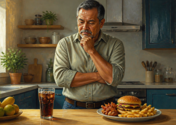 Un hombre maduro con expresión pensativa observa un vaso de refresco de cola con hielo y un plato con una hamburguesa y patatas fritas sobre una encimera de cocina. A un lado, se aprecia un plato con frutas frescas como manzana y limones.