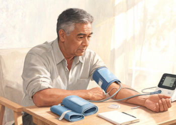 Un hombre maduro con camisa clara sentado ante una mesa de madera mientras mide su presión arterial con un tensiómetro digital de brazo.