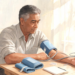 Un hombre maduro con camisa clara sentado ante una mesa de madera mientras mide su presión arterial con un tensiómetro digital de brazo.