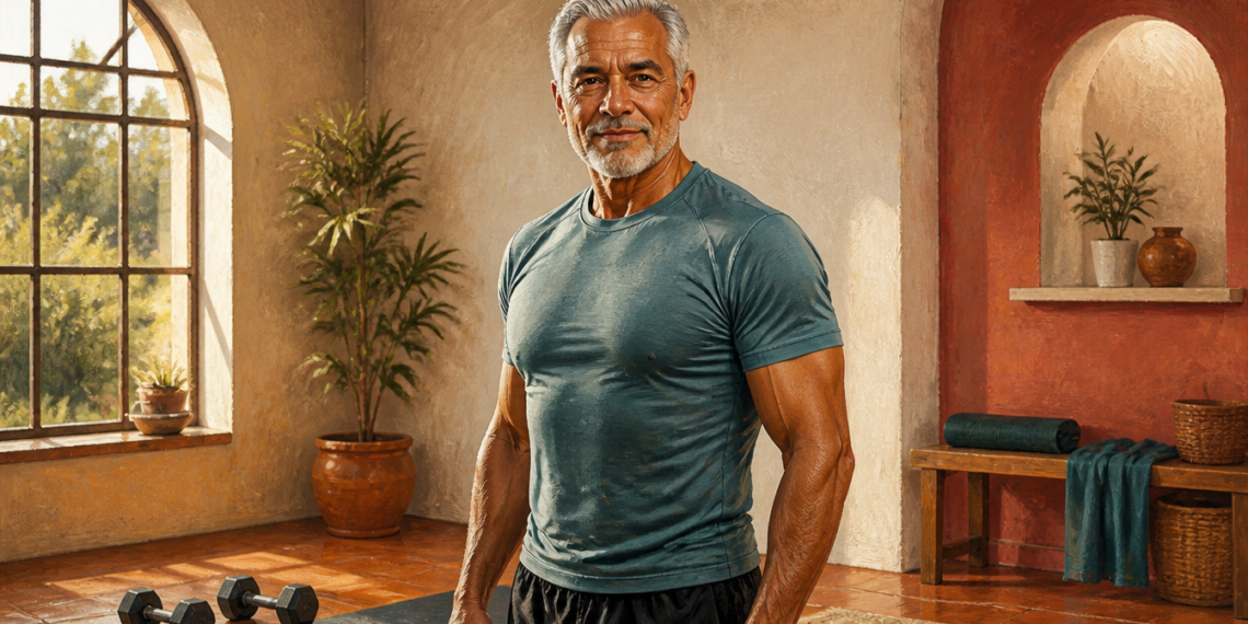 Hombre adulto de cabello canoso y complexión musculosa de pie en una habitación preparada para hacer ejercicio, con mancuernas y una esterilla en el suelo.