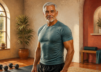 Hombre adulto de cabello canoso y complexión musculosa de pie en una habitación preparada para hacer ejercicio, con mancuernas y una esterilla en el suelo.