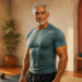 Hombre adulto de cabello canoso y complexión musculosa de pie en una habitación preparada para hacer ejercicio, con mancuernas y una esterilla en el suelo.