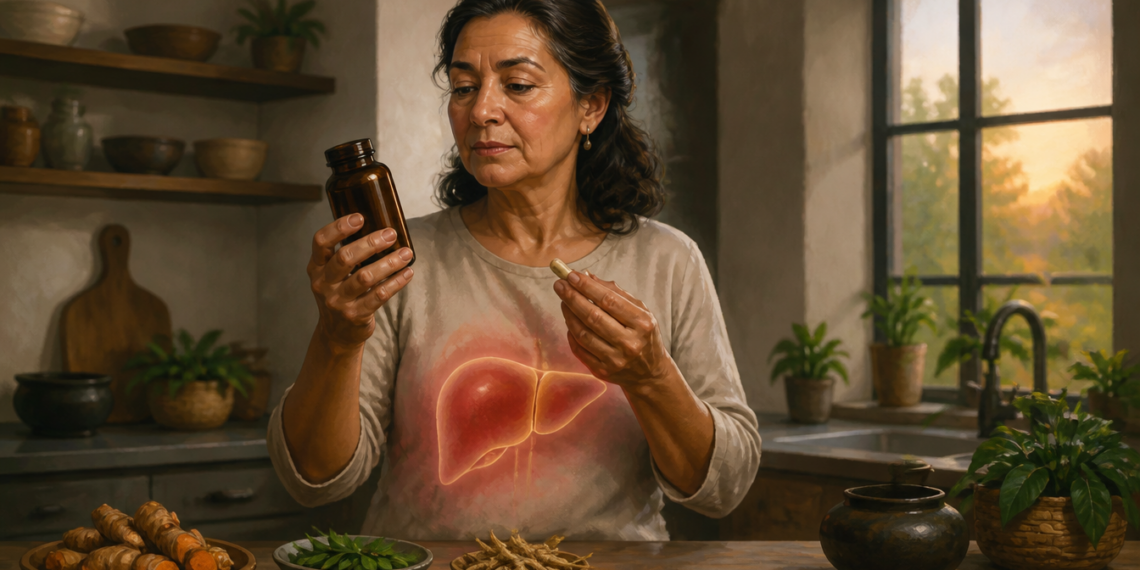 Una mujer madura en su cocina observa con cautela un frasco de pastillas marrón y sostiene una cápsula en la mano. En su torso se superpone una ilustración iluminada de un hígado, y sobre la mesa hay platos con cúrcuma y otras plantas medicinales.