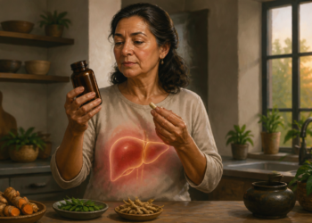 Una mujer madura en su cocina observa con cautela un frasco de pastillas marrón y sostiene una cápsula en la mano. En su torso se superpone una ilustración iluminada de un hígado, y sobre la mesa hay platos con cúrcuma y otras plantas medicinales.