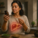 Una mujer madura en su cocina observa con cautela un frasco de pastillas marrón y sostiene una cápsula en la mano. En su torso se superpone una ilustración iluminada de un hígado, y sobre la mesa hay platos con cúrcuma y otras plantas medicinales.