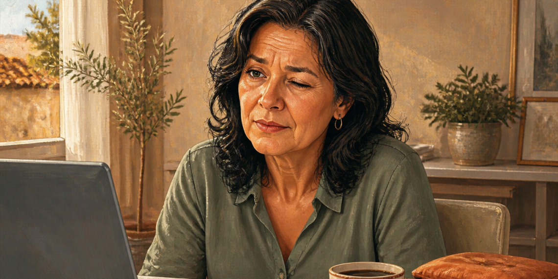 Mujer madura frente a un ordenador portátil con un párpado cerrado, junto a una taza de café sobre la mesa.