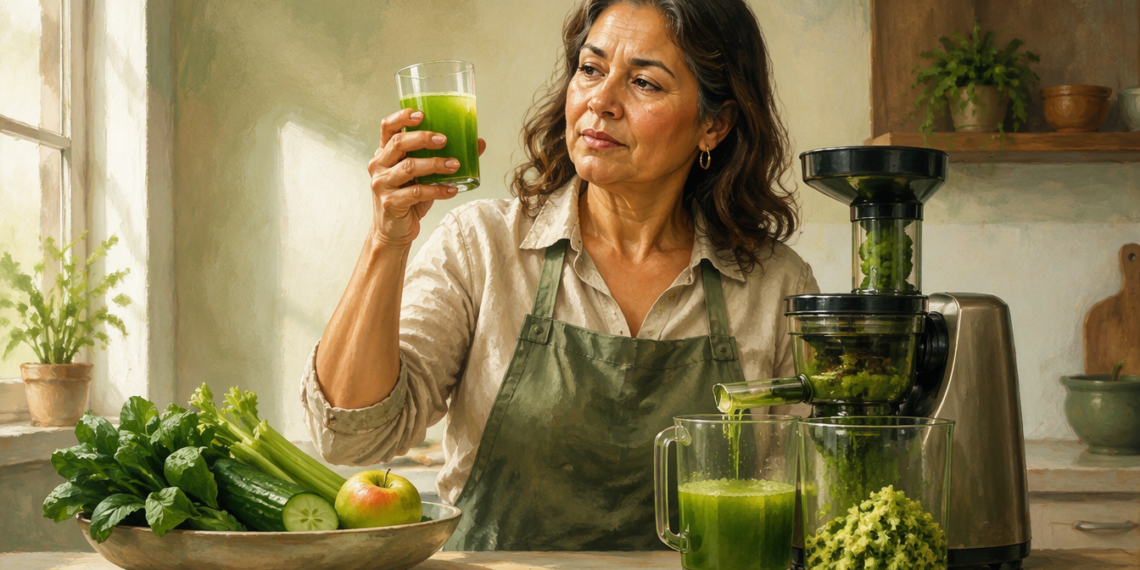 Mujer adulta sostiene un vaso de jugo verde junto a un extractor, hojas verdes, pepino, apio y una manzana en una cocina iluminada.