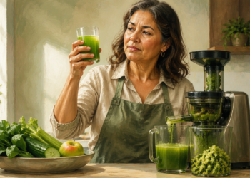 Mujer adulta sostiene un vaso de jugo verde junto a un extractor, hojas verdes, pepino, apio y una manzana en una cocina iluminada.