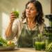 Mujer adulta sostiene un vaso de jugo verde junto a un extractor, hojas verdes, pepino, apio y una manzana en una cocina iluminada.