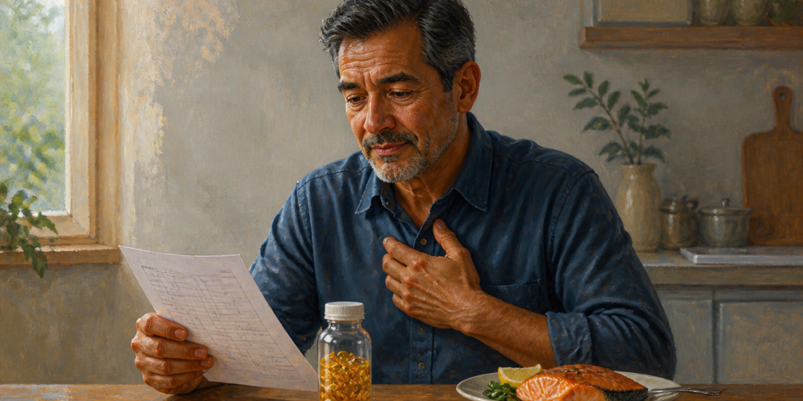 Hombre adulto revisando un informe médico mientras se toca el pecho, con un frasco de cápsulas de omega-3 y un plato de salmón sobre la mesa, relacionados con la suplementación y la salud cardiovascular.