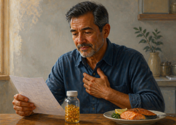 Hombre adulto revisando un informe médico mientras se toca el pecho, con un frasco de cápsulas de omega-3 y un plato de salmón sobre la mesa, relacionados con la suplementación y la salud cardiovascular.