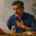 Hombre adulto revisando un informe médico mientras se toca el pecho, con un frasco de cápsulas de omega-3 y un plato de salmón sobre la mesa, relacionados con la suplementación y la salud cardiovascular.