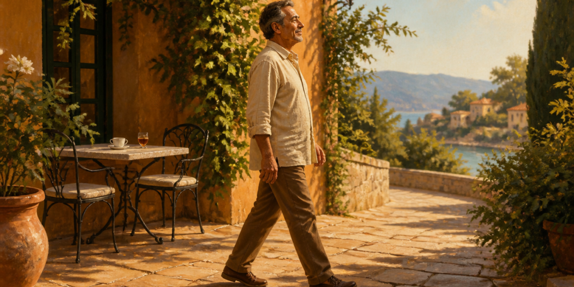 Hombre adulto caminando por una terraza al aire libre después de dejar una taza sobre una mesa, en una escena relacionada con un paseo suave tras una comida.