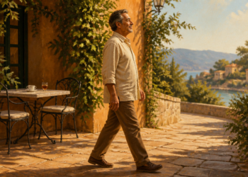 Hombre adulto caminando por una terraza al aire libre después de dejar una taza sobre una mesa, en una escena relacionada con un paseo suave tras una comida.