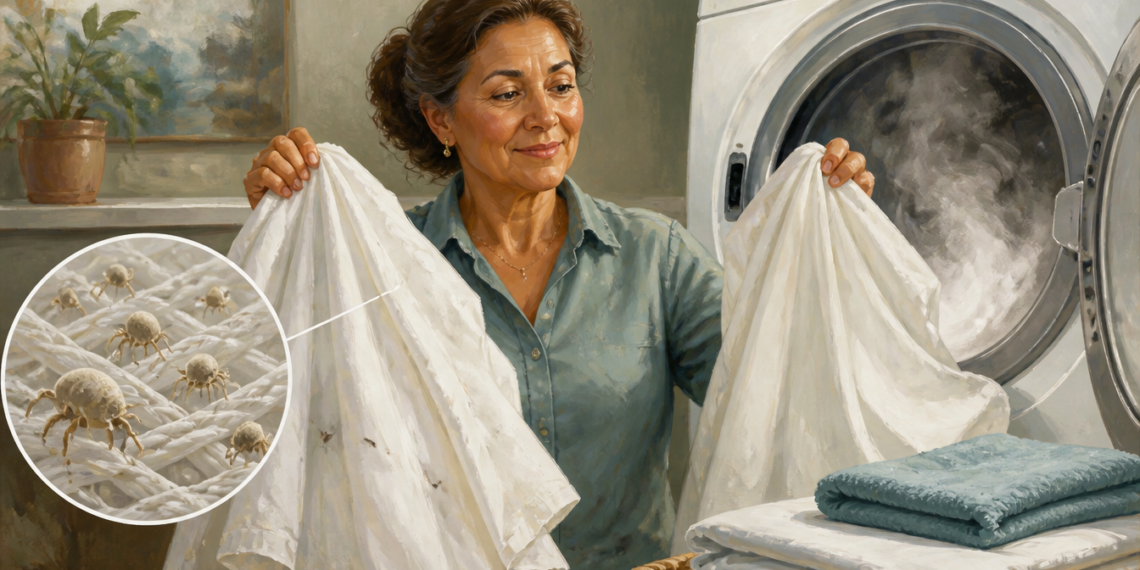 Mujer sosteniendo dos prendas blancas frente a una lavadora abierta, con una ilustración ampliada de ácaros sobre el tejido, relacionada con el lavado de ropa para eliminar ácaros y bacterias.