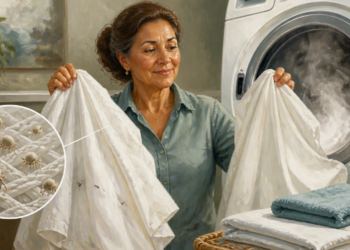 Mujer sosteniendo dos prendas blancas frente a una lavadora abierta, con una ilustración ampliada de ácaros sobre el tejido, relacionada con el lavado de ropa para eliminar ácaros y bacterias.