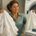 Mujer sosteniendo dos prendas blancas frente a una lavadora abierta, con una ilustración ampliada de ácaros sobre el tejido, relacionada con el lavado de ropa para eliminar ácaros y bacterias.