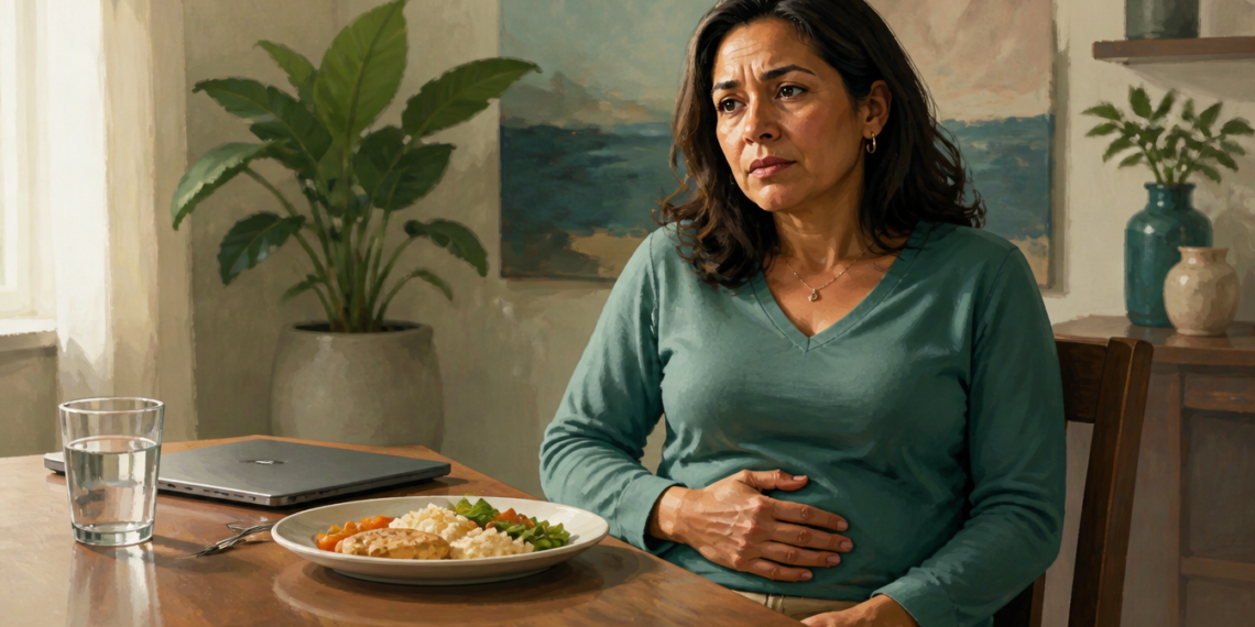 Mujer adulta sentada a la mesa con una mano sobre el abdomen y expresión de malestar, frente a un plato de comida, un vaso de agua y un ordenador portátil.