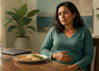 Mujer adulta sentada a la mesa con una mano sobre el abdomen y expresión de malestar, frente a un plato de comida, un vaso de agua y un ordenador portátil.