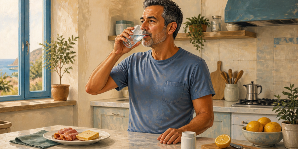 Hombre maduro bebiendo un vaso de agua en una cocina, junto a un desayuno, un frasco blanco y varios limones sobre la encimera.