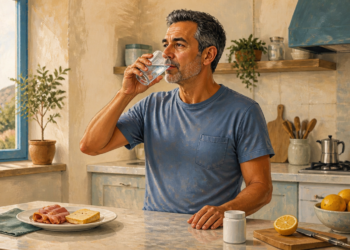 Hombre maduro bebiendo un vaso de agua en una cocina, junto a un desayuno, un frasco blanco y varios limones sobre la encimera.