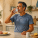 Hombre maduro bebiendo un vaso de agua en una cocina, junto a un desayuno, un frasco blanco y varios limones sobre la encimera.