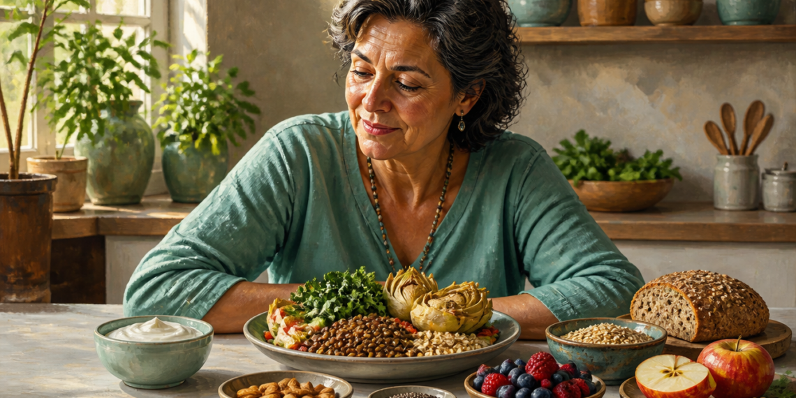 Mujer adulta observa una mesa con lentejas, alcachofas, verduras de hoja verde, avena, pan integral, yogur, frutos rojos, manzana, frutos secos y semillas.