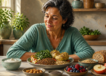 Mujer adulta observa una mesa con lentejas, alcachofas, verduras de hoja verde, avena, pan integral, yogur, frutos rojos, manzana, frutos secos y semillas.