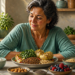 Mujer adulta observa una mesa con lentejas, alcachofas, verduras de hoja verde, avena, pan integral, yogur, frutos rojos, manzana, frutos secos y semillas.