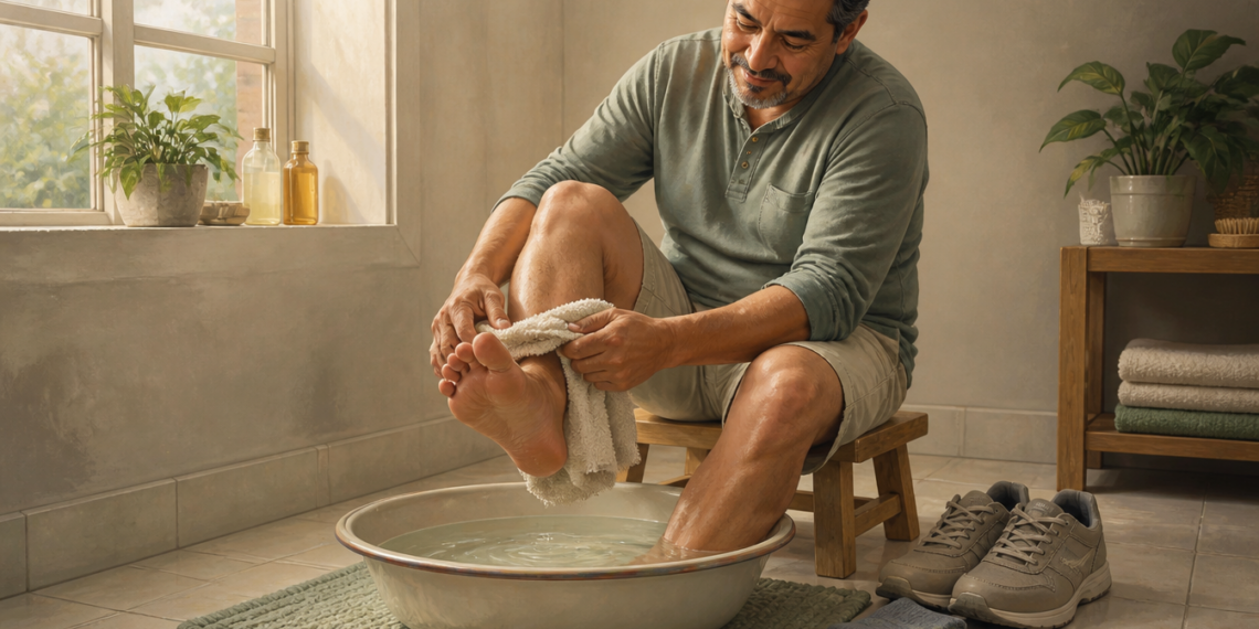 Hombre adulto secándose un pie después de un baño en una palangana, con una toalla, un recipiente con líquido y un ambiente de baño doméstico, relacionado con un remedio casero para el olor de pies.