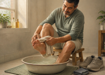 Hombre adulto secándose un pie después de un baño en una palangana, con una toalla, un recipiente con líquido y un ambiente de baño doméstico, relacionado con un remedio casero para el olor de pies.