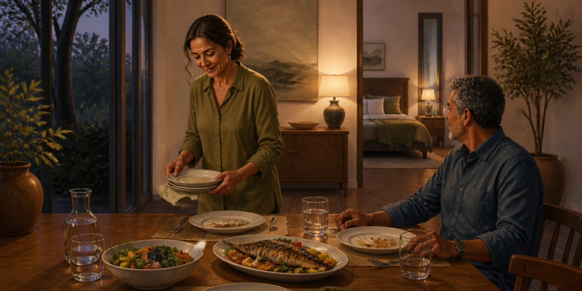 Un hombre y una mujer de mediana edad en un comedor con iluminación cálida durante la noche. La mujer está de pie retirando unos platos vacíos, mientras el hombre sigue sentado ante una mesa de madera con platos de ensalada y pescado a la plancha.