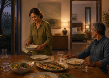Un hombre y una mujer de mediana edad en un comedor con iluminación cálida durante la noche. La mujer está de pie retirando unos platos vacíos, mientras el hombre sigue sentado ante una mesa de madera con platos de ensalada y pescado a la plancha.