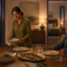 Un hombre y una mujer de mediana edad en un comedor con iluminación cálida durante la noche. La mujer está de pie retirando unos platos vacíos, mientras el hombre sigue sentado ante una mesa de madera con platos de ensalada y pescado a la plancha.