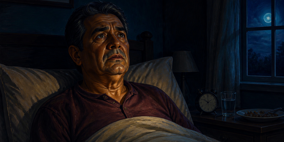 Hombre adulto sentado en la cama durante la noche con expresión de preocupación, junto a un reloj despertador, un vaso de agua y una ventana iluminada por la luna, representando un episodio de taquicardia nocturna.