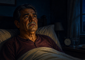 Hombre adulto sentado en la cama durante la noche con expresión de preocupación, junto a un reloj despertador, un vaso de agua y una ventana iluminada por la luna, representando un episodio de taquicardia nocturna.