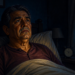 Hombre adulto sentado en la cama durante la noche con expresión de preocupación, junto a un reloj despertador, un vaso de agua y una ventana iluminada por la luna, representando un episodio de taquicardia nocturna.