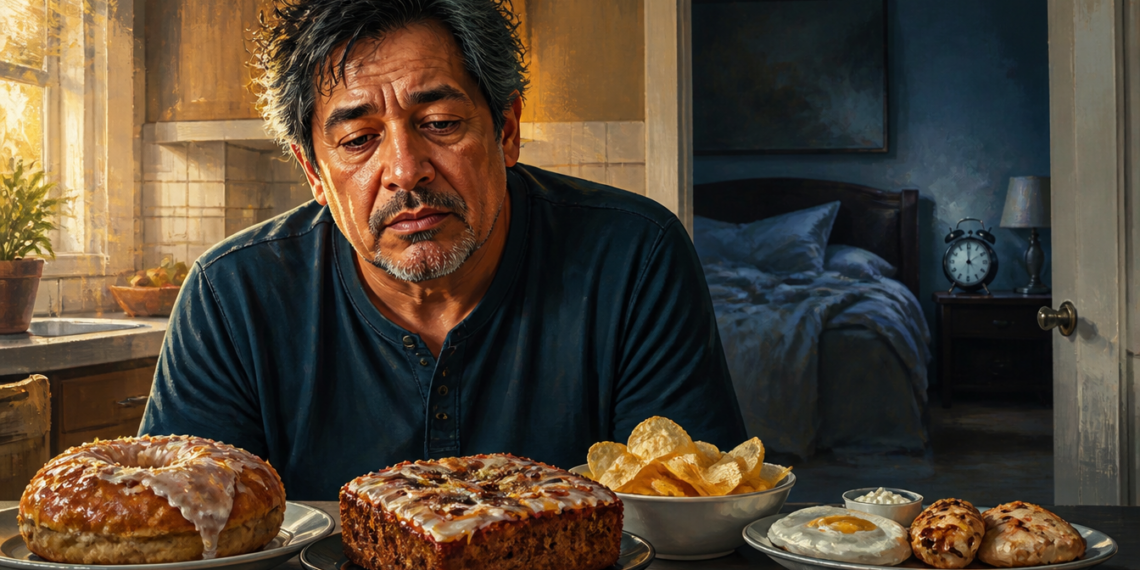 Hombre adulto observando varios alimentos ultraprocesados y ricos en calorías sobre una mesa, con un dormitorio al fondo, ilustrando la relación entre la falta de sueño y el aumento del hambre.