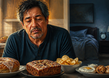 Hombre adulto observando varios alimentos ultraprocesados y ricos en calorías sobre una mesa, con un dormitorio al fondo, ilustrando la relación entre la falta de sueño y el aumento del hambre.