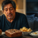 Hombre adulto observando varios alimentos ultraprocesados y ricos en calorías sobre una mesa, con un dormitorio al fondo, ilustrando la relación entre la falta de sueño y el aumento del hambre.