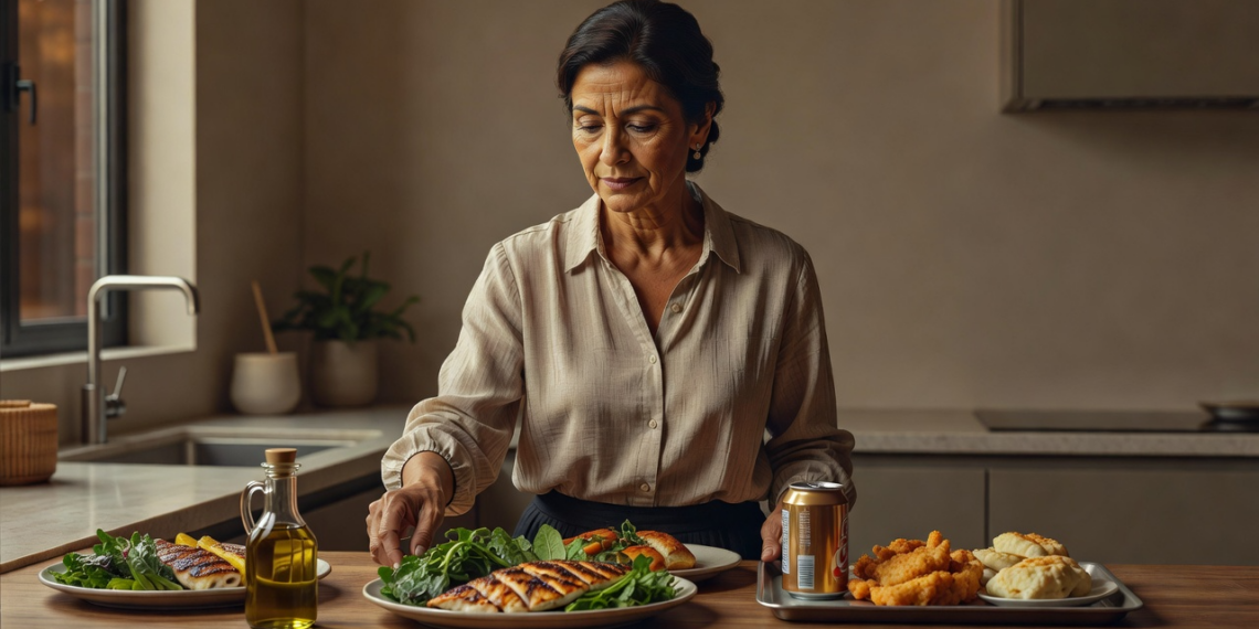 Una mujer madura en su cocina observa pensativa diferentes opciones de cena sobre la encimera. A un lado tiene platos saludables con pescado a la plancha, ensalada y aceite de oliva, y al otro lado tiene una bandeja con frituras y una lata de refresco.
