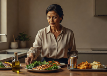Una mujer madura en su cocina observa pensativa diferentes opciones de cena sobre la encimera. A un lado tiene platos saludables con pescado a la plancha, ensalada y aceite de oliva, y al otro lado tiene una bandeja con frituras y una lata de refresco.