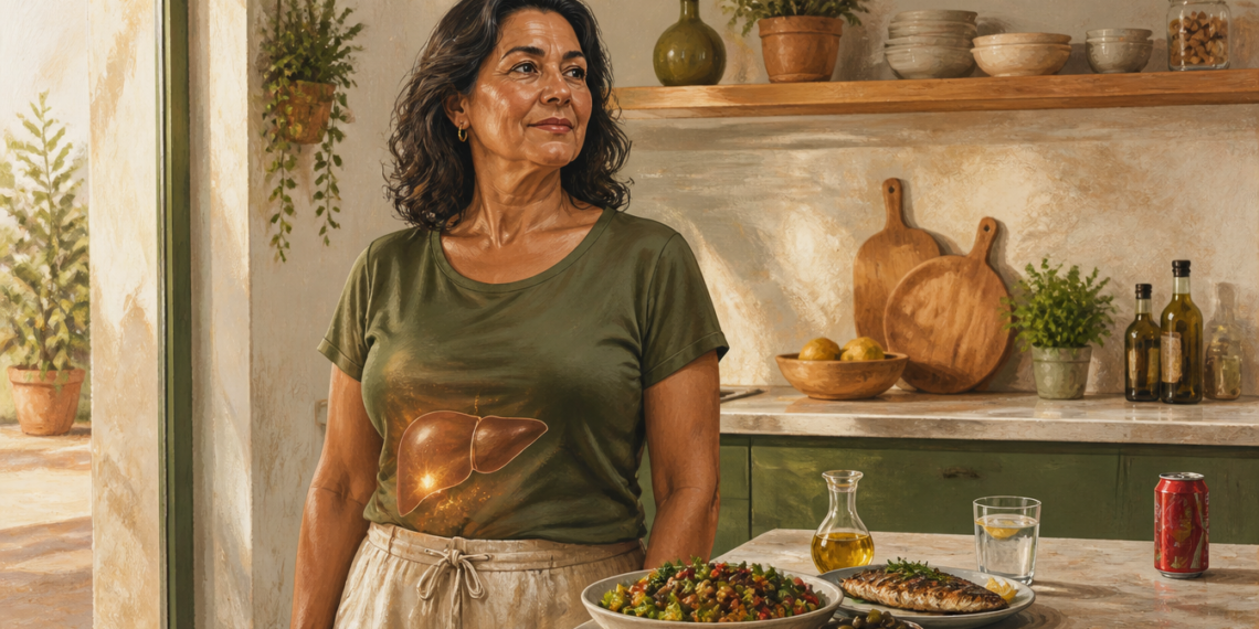 Mujer adulta en una cocina junto a una mesa con ensalada, pescado a la plancha, aceitunas, aceite de oliva, agua y una lata de refresco, con una ilustración del hígado sobre el abdomen.